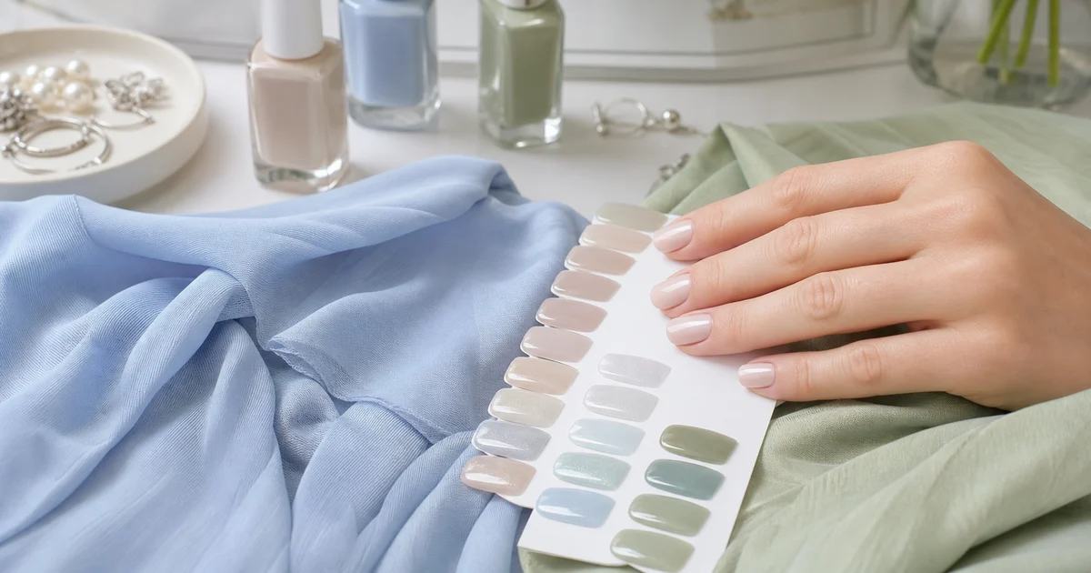 Manicura en tonos nude, perla y plata para combinar con vestido celeste
